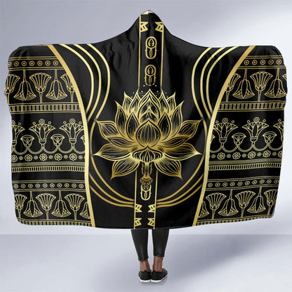 Egypt The Lotus Hooded Blanket Gold Bloom Hieroglyphic Patterns
