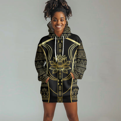 Egypt The Lotus Hoodie Dress Gold Bloom Hieroglyphic Patterns