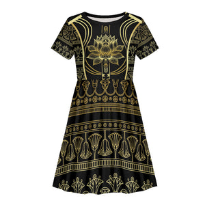 Egypt The Lotus Kid Short Sleeve Dress Gold Bloom Hieroglyphic Patterns