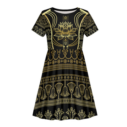 Egypt The Lotus Kid Short Sleeve Dress Gold Bloom Hieroglyphic Patterns