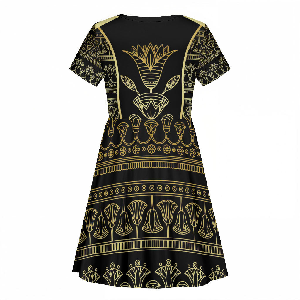 Egypt The Lotus Kid Short Sleeve Dress Gold Bloom Hieroglyphic Patterns