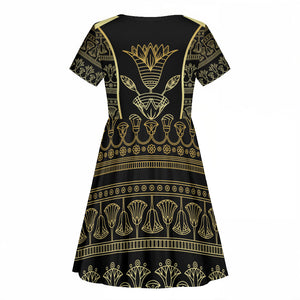 Egypt The Lotus Kid Short Sleeve Dress Gold Bloom Hieroglyphic Patterns