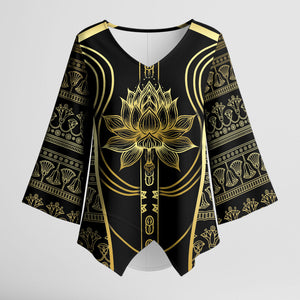 Egypt The Lotus Kimono Sleeve Blouse Gold Bloom Hieroglyphic Patterns