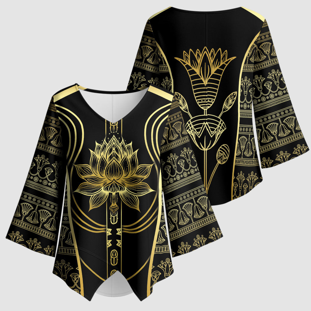 Egypt The Lotus Kimono Sleeve Blouse Gold Bloom Hieroglyphic Patterns