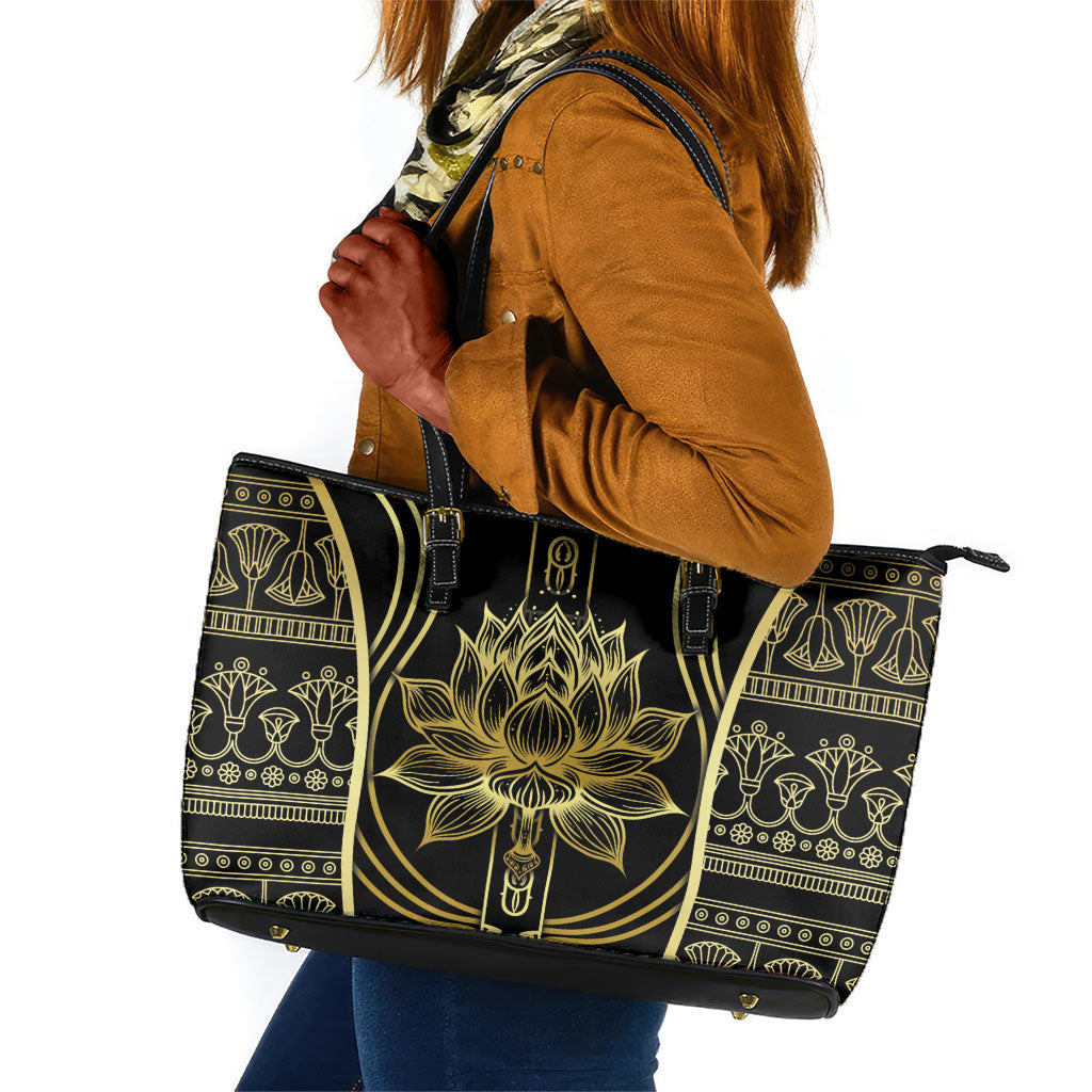 Egypt The Lotus Leather Tote Bag Gold Bloom Hieroglyphic Patterns
