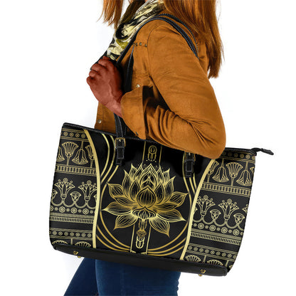 Egypt The Lotus Leather Tote Bag Gold Bloom Hieroglyphic Patterns