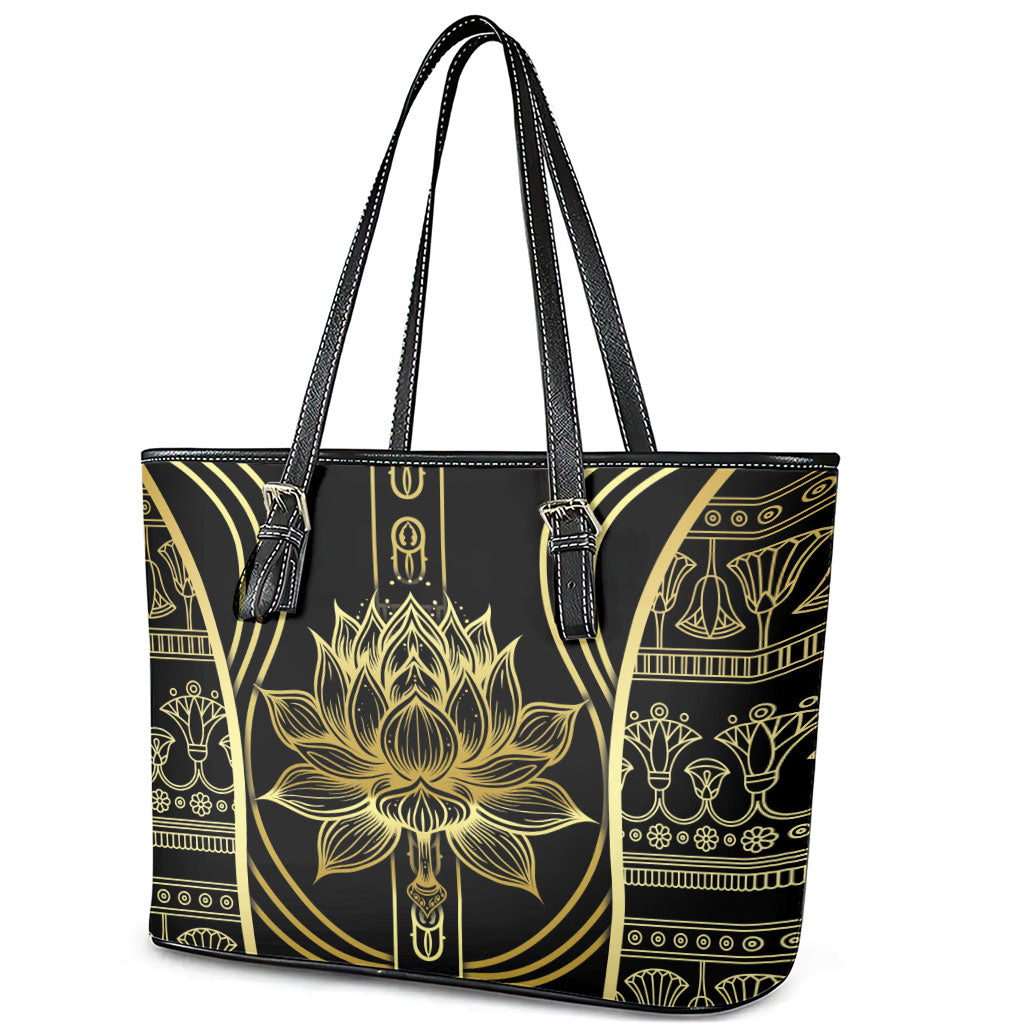 Egypt The Lotus Leather Tote Bag Gold Bloom Hieroglyphic Patterns