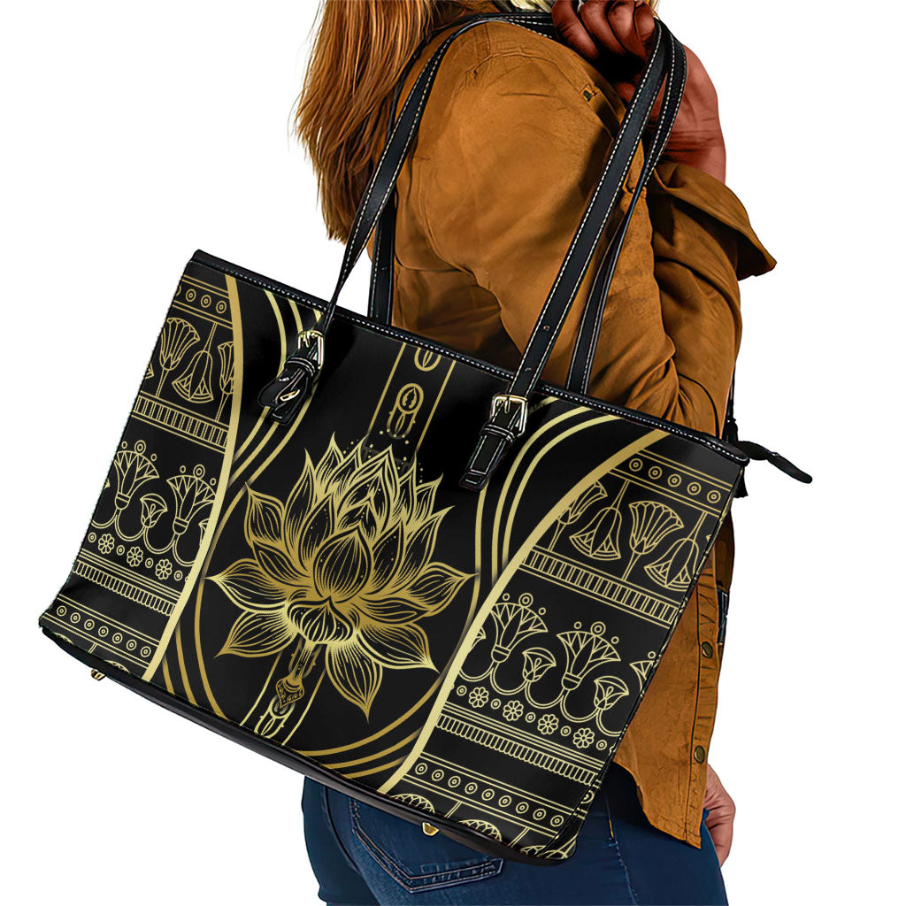 Egypt The Lotus Leather Tote Bag Gold Bloom Hieroglyphic Patterns