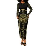 Egypt The Lotus Long Sleeve Bodycon Dress Gold Bloom Hieroglyphic Patterns