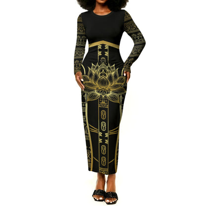 Egypt The Lotus Long Sleeve Bodycon Dress Gold Bloom Hieroglyphic Patterns