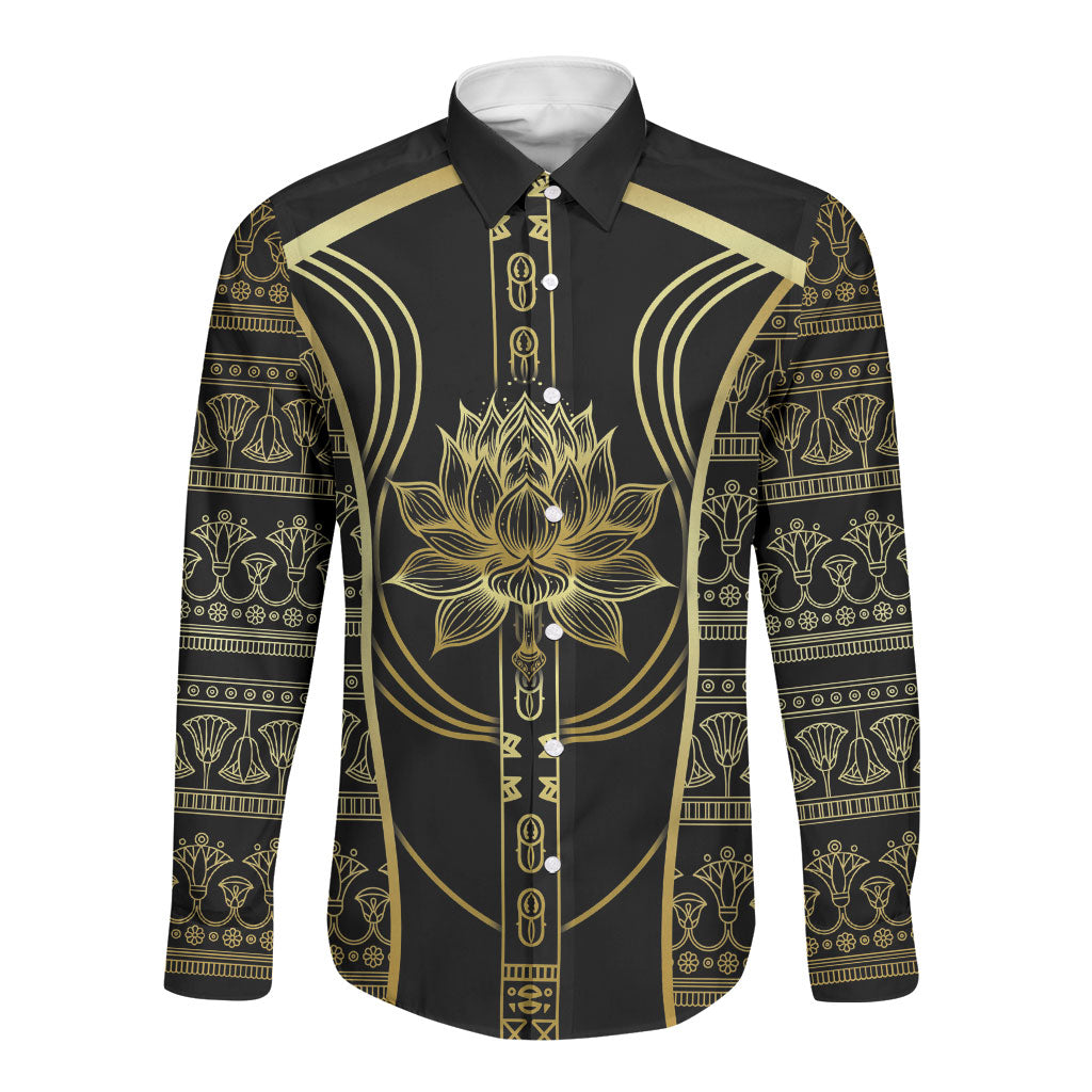 Egypt The Lotus Long Sleeve Button Shirt Gold Bloom Hieroglyphic Patterns
