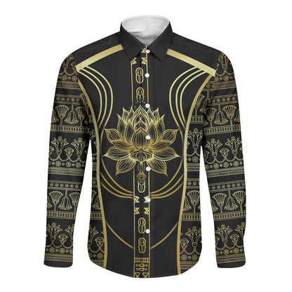 Egypt The Lotus Long Sleeve Button Shirt Gold Bloom Hieroglyphic Patterns