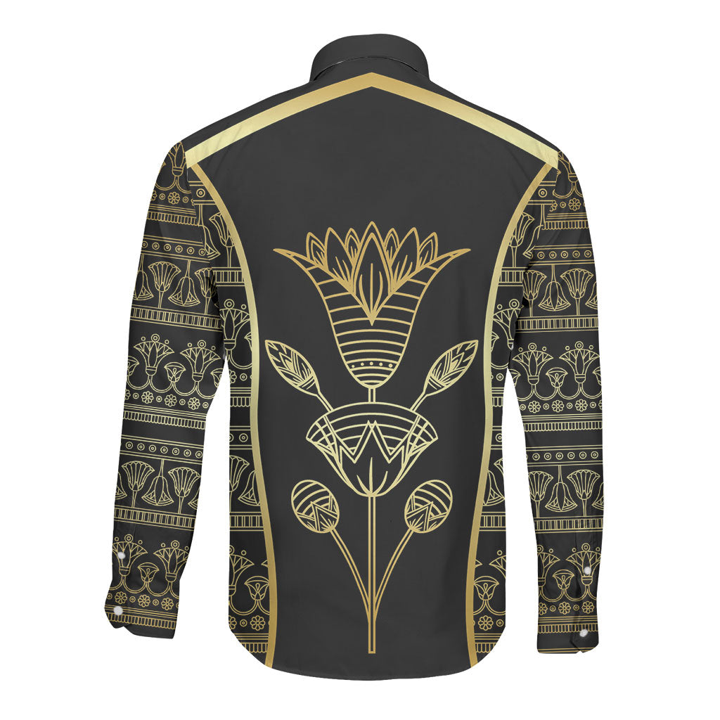 Egypt The Lotus Long Sleeve Button Shirt Gold Bloom Hieroglyphic Patterns