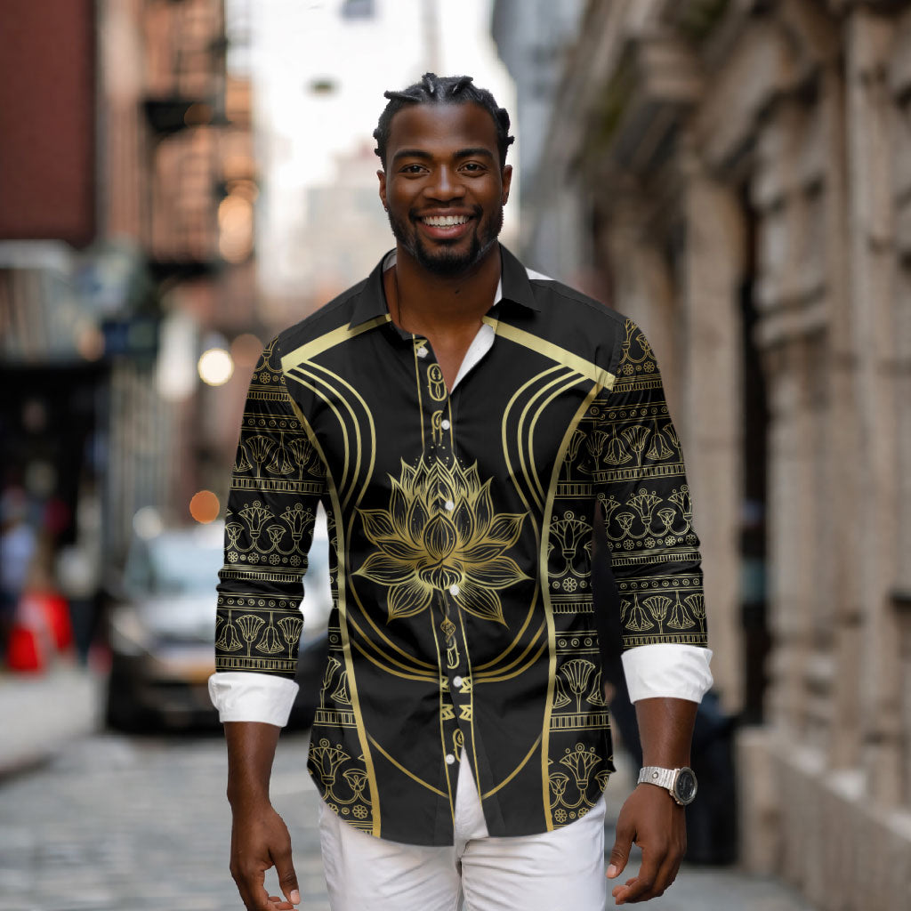 Egypt The Lotus Long Sleeve Button Shirt Gold Bloom Hieroglyphic Patterns