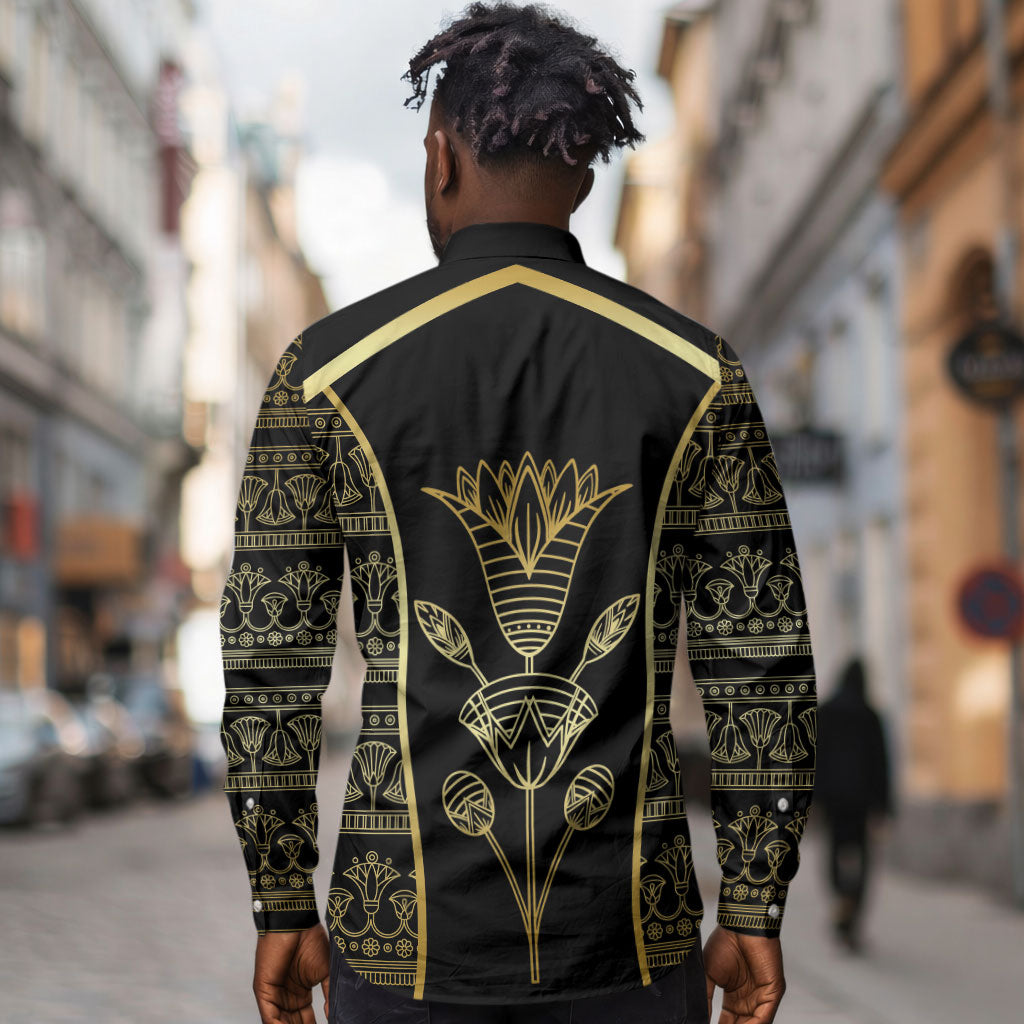 Egypt The Lotus Long Sleeve Button Shirt Gold Bloom Hieroglyphic Patterns