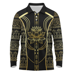 Egypt The Lotus Long Sleeve Polo Shirt Gold Bloom Hieroglyphic Patterns