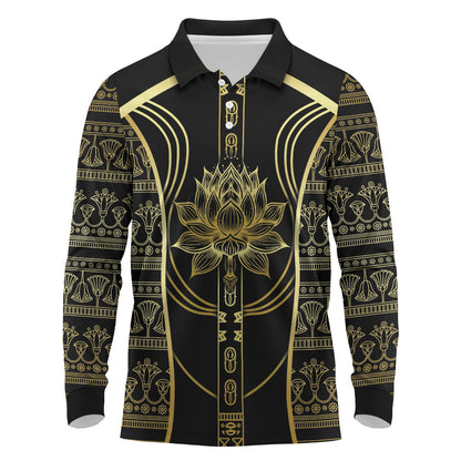 Egypt The Lotus Long Sleeve Polo Shirt Gold Bloom Hieroglyphic Patterns