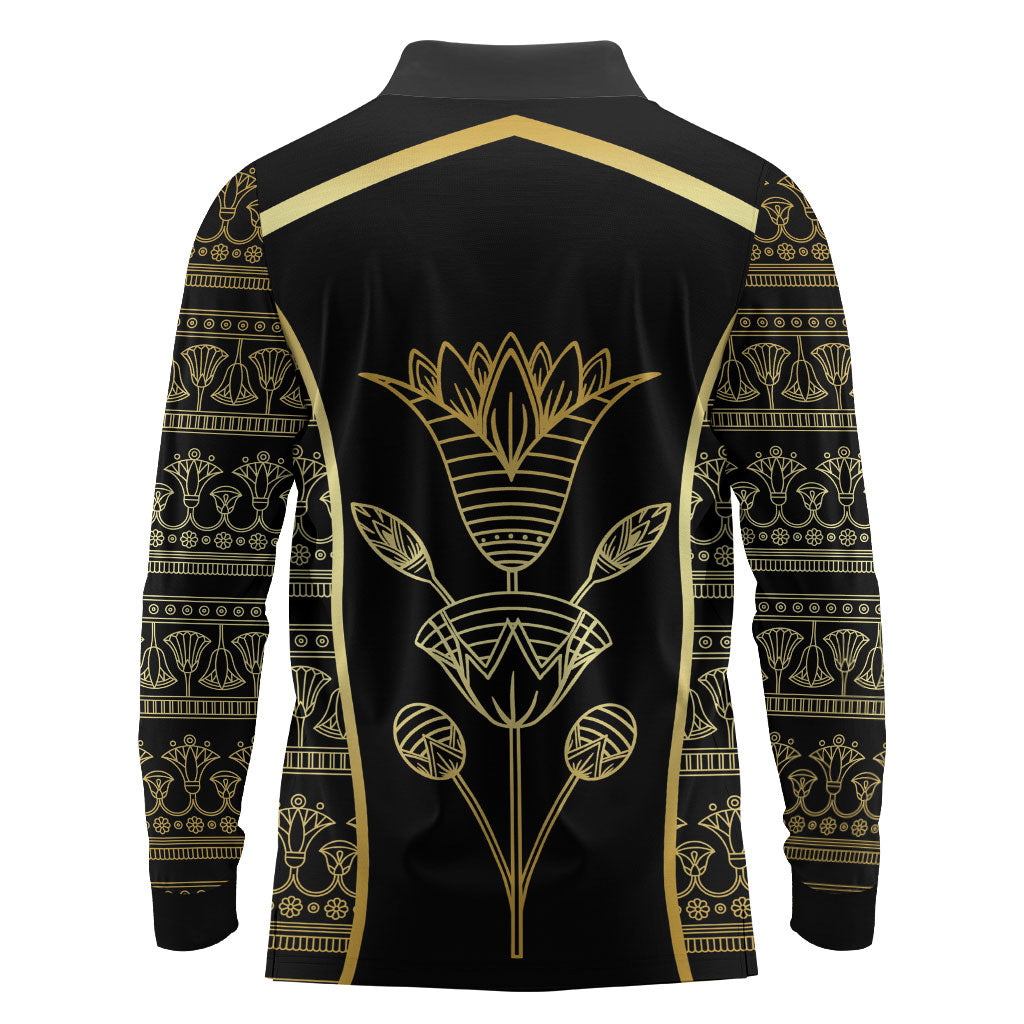 Egypt The Lotus Long Sleeve Polo Shirt Gold Bloom Hieroglyphic Patterns