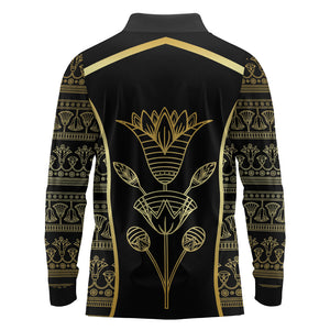Egypt The Lotus Long Sleeve Polo Shirt Gold Bloom Hieroglyphic Patterns