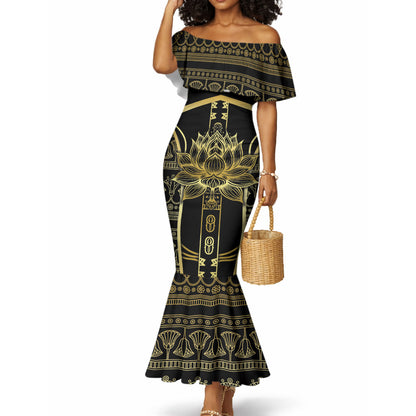 Egypt The Lotus Mermaid Dress Gold Bloom Hieroglyphic Patterns