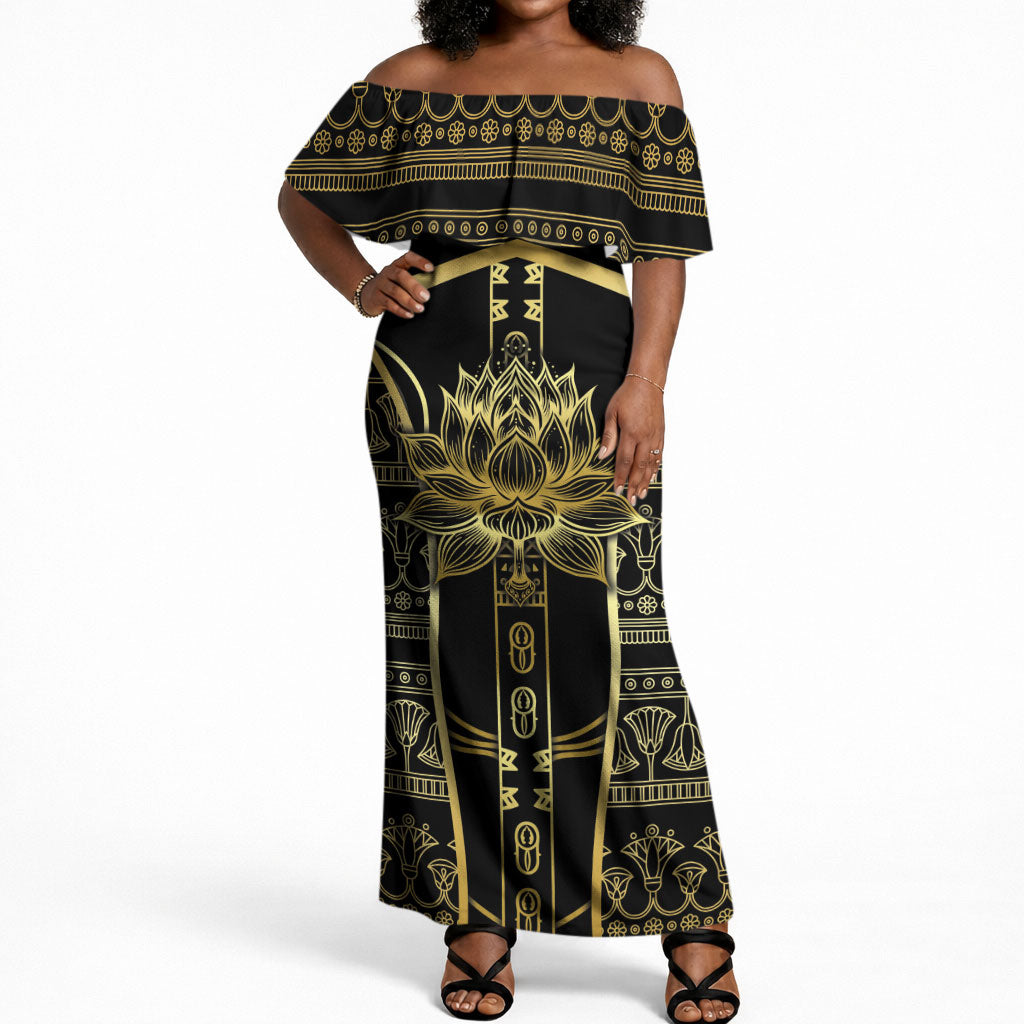 Egypt The Lotus Off Shoulder Maxi Dress Gold Bloom Hieroglyphic Patterns
