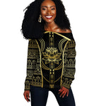 Egypt The Lotus Off Shoulder Sweater Gold Bloom Hieroglyphic Patterns