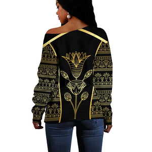 Egypt The Lotus Off Shoulder Sweater Gold Bloom Hieroglyphic Patterns