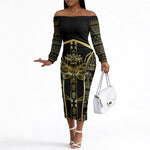 Egypt The Lotus Off The Shoulder Long Sleeve Dress Gold Bloom Hieroglyphic Patterns