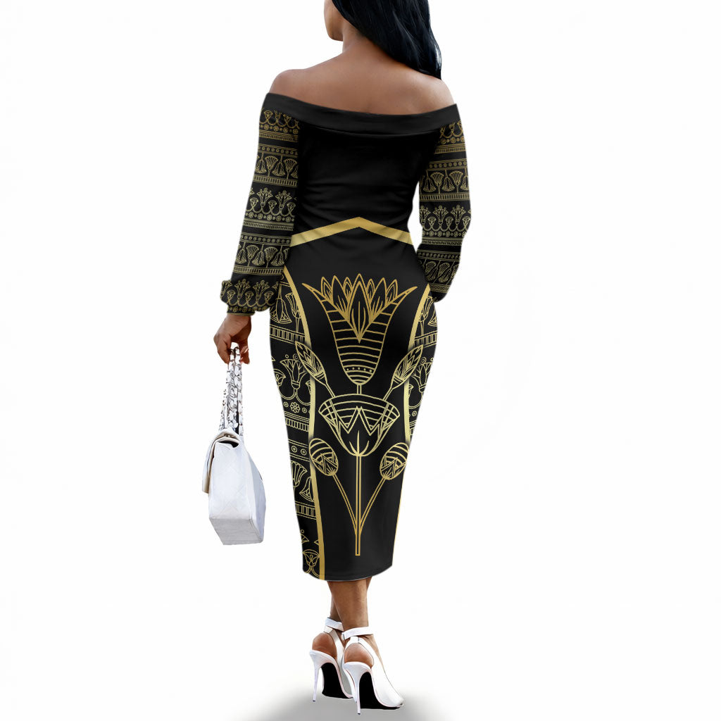 Egypt The Lotus Off The Shoulder Long Sleeve Dress Gold Bloom Hieroglyphic Patterns