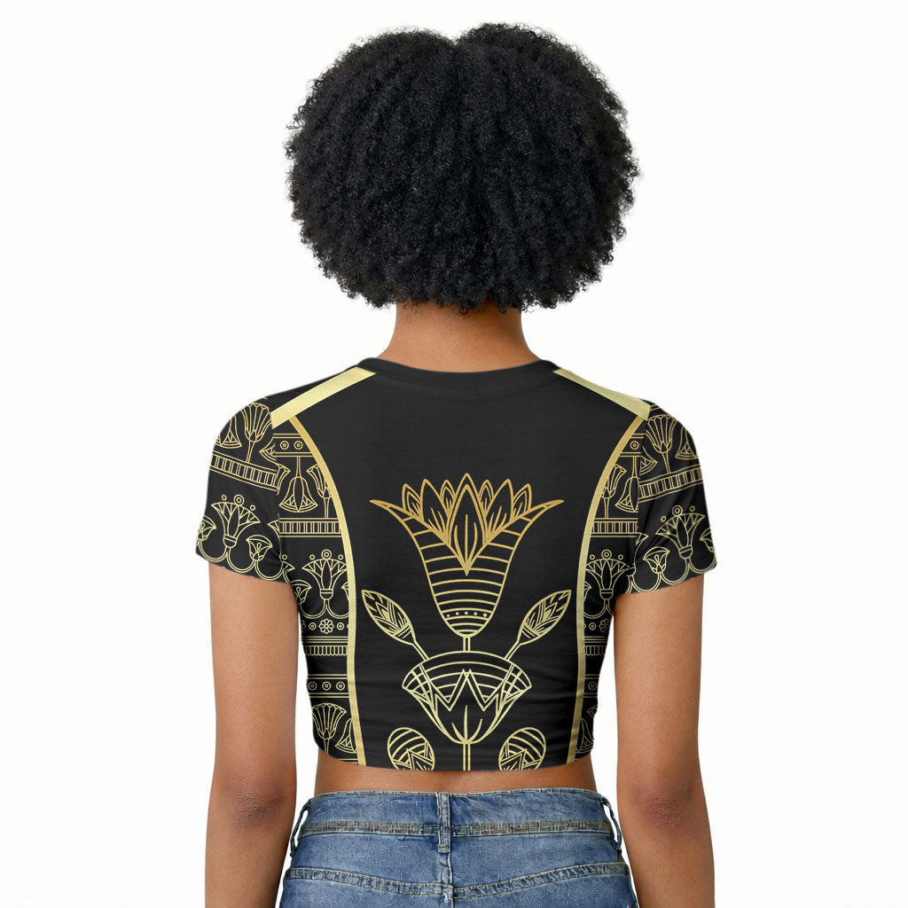 Egypt The Lotus Raglan Cropped T shirt Gold Bloom Hieroglyphic Patterns