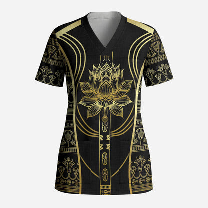 Egypt The Lotus Scrub Top Gold Bloom Hieroglyphic Patterns