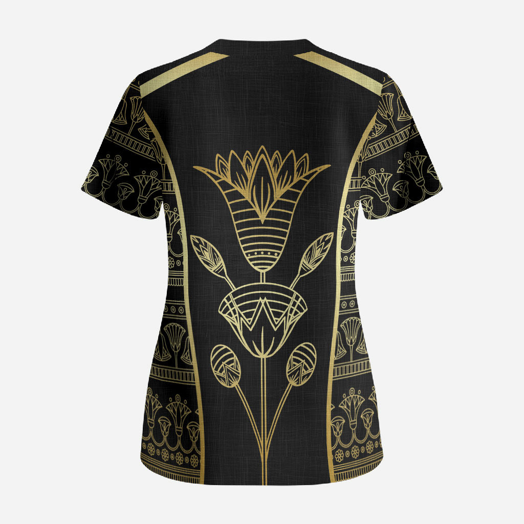 Egypt The Lotus Scrub Top Gold Bloom Hieroglyphic Patterns