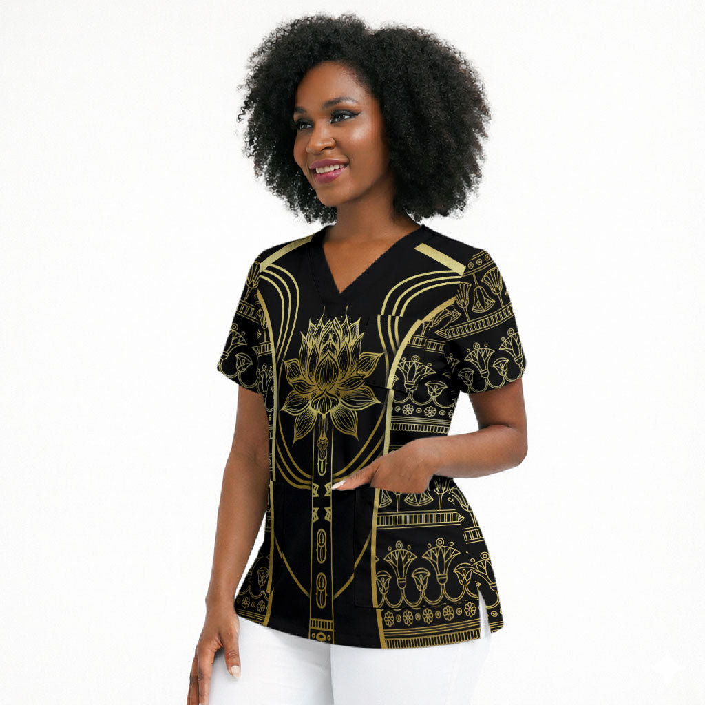 Egypt The Lotus Scrub Top Gold Bloom Hieroglyphic Patterns