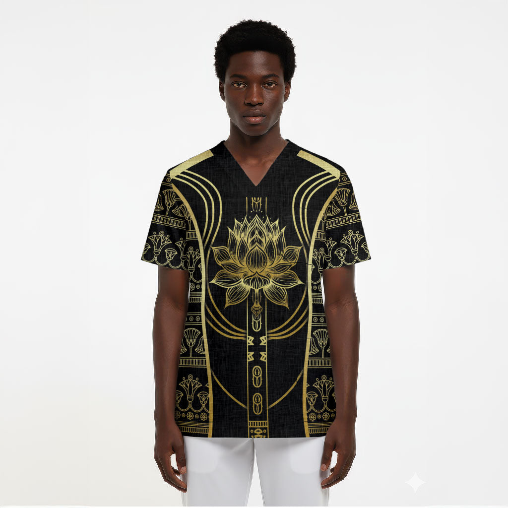 Egypt The Lotus Scrub Top Gold Bloom Hieroglyphic Patterns