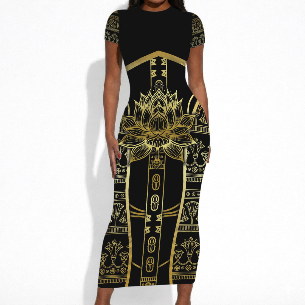 Egypt The Lotus Short Sleeve Bodycon Dress Gold Bloom Hieroglyphic Patterns