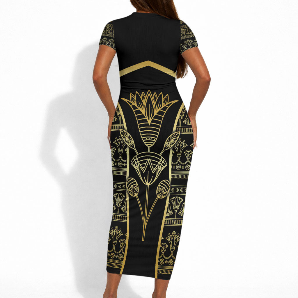 Egypt The Lotus Short Sleeve Bodycon Dress Gold Bloom Hieroglyphic Patterns