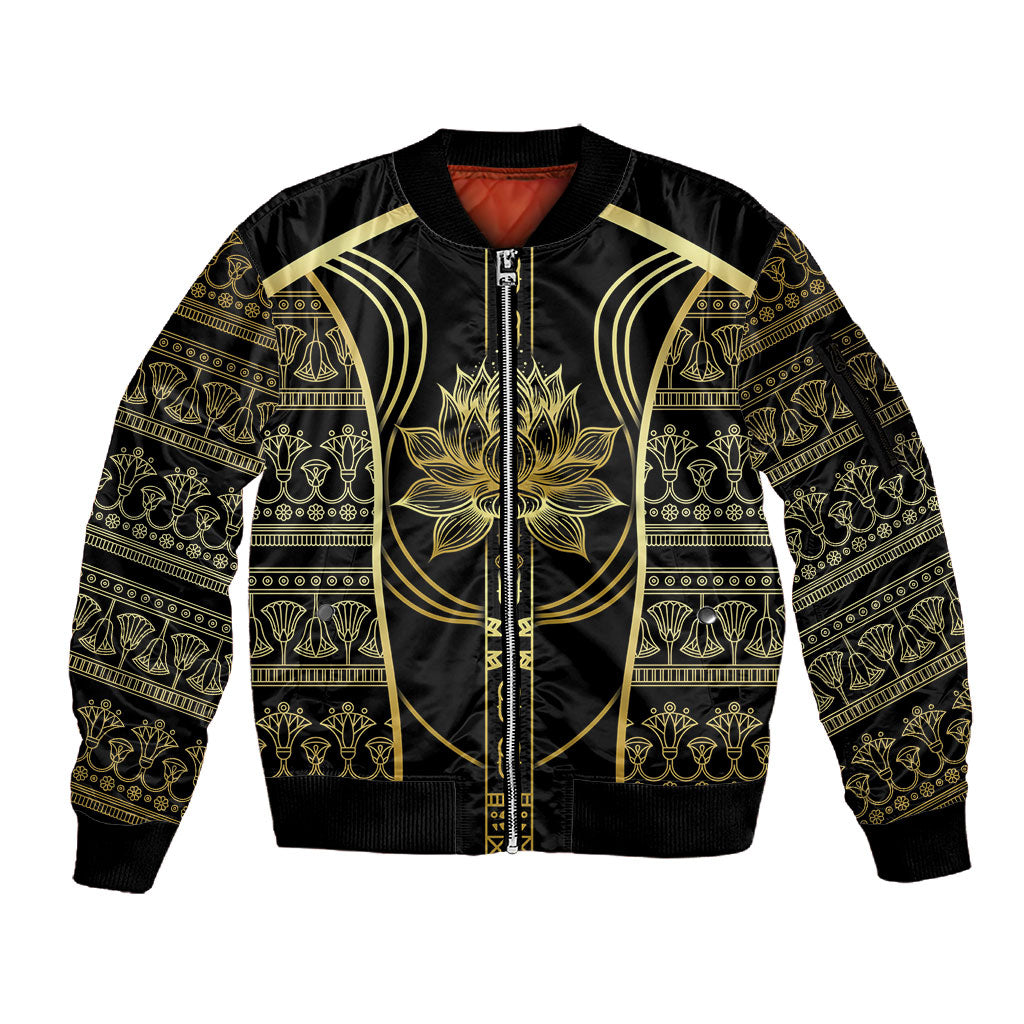 Egypt The Lotus Sleeve Zip Bomber Jacket Gold Bloom Hieroglyphic Patterns