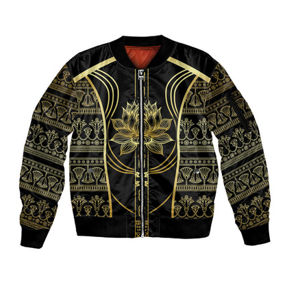 Egypt The Lotus Sleeve Zip Bomber Jacket Gold Bloom Hieroglyphic Patterns
