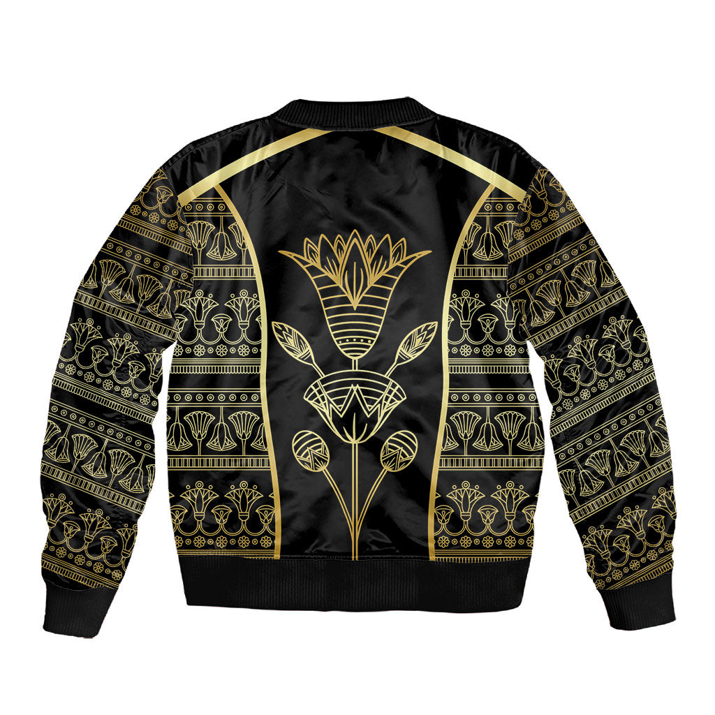 Egypt The Lotus Sleeve Zip Bomber Jacket Gold Bloom Hieroglyphic Patterns
