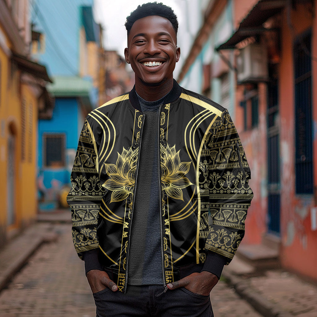 Egypt The Lotus Sleeve Zip Bomber Jacket Gold Bloom Hieroglyphic Patterns