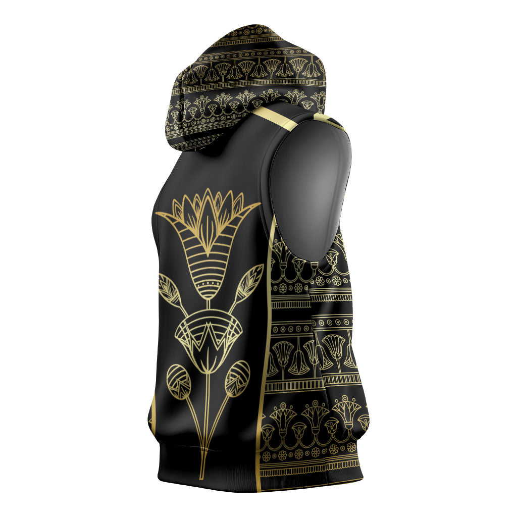Egypt The Lotus Sleeveless Hoodie Gold Bloom Hieroglyphic Patterns