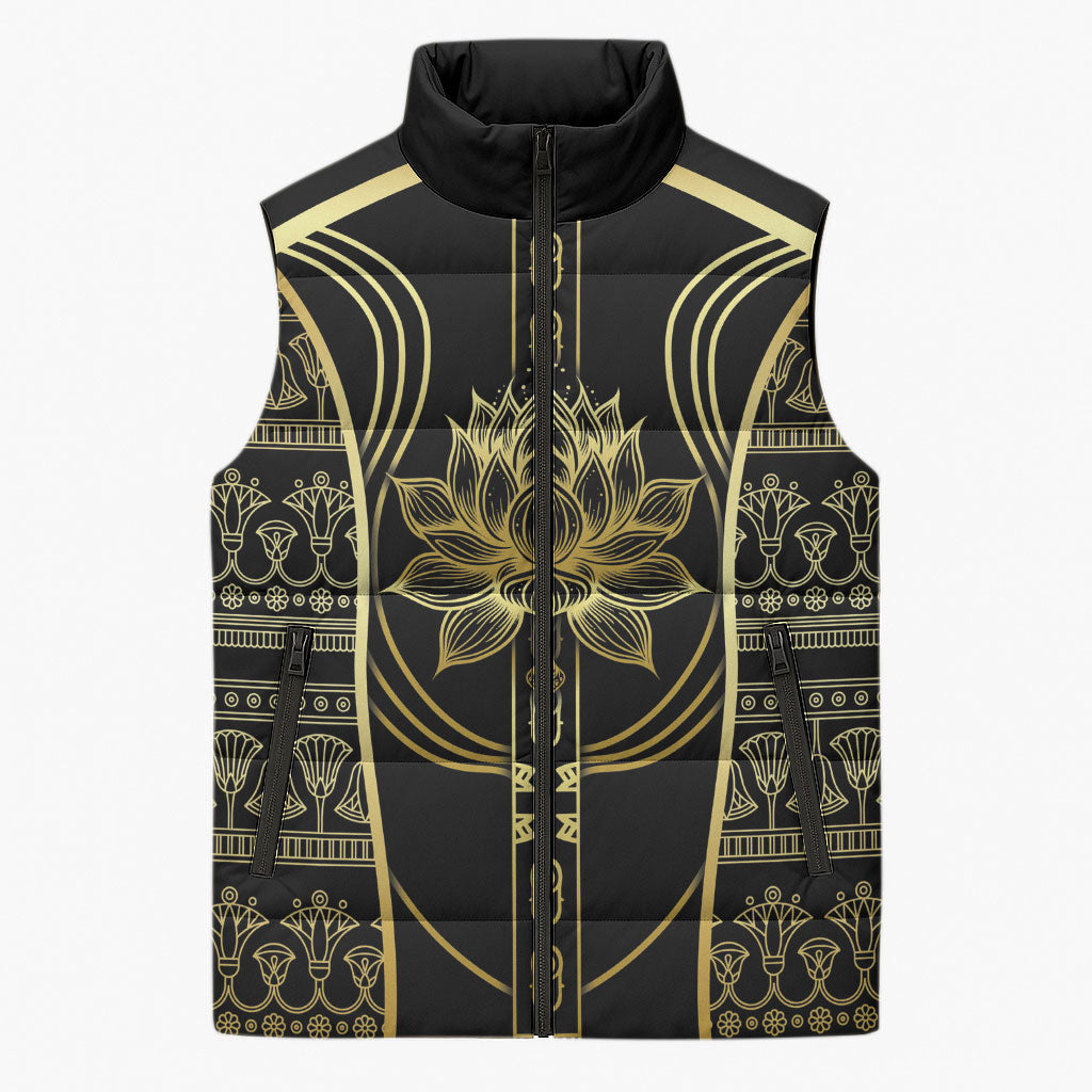 Egypt The Lotus Sleeveless Puffer Jacket Gold Bloom Hieroglyphic Patterns