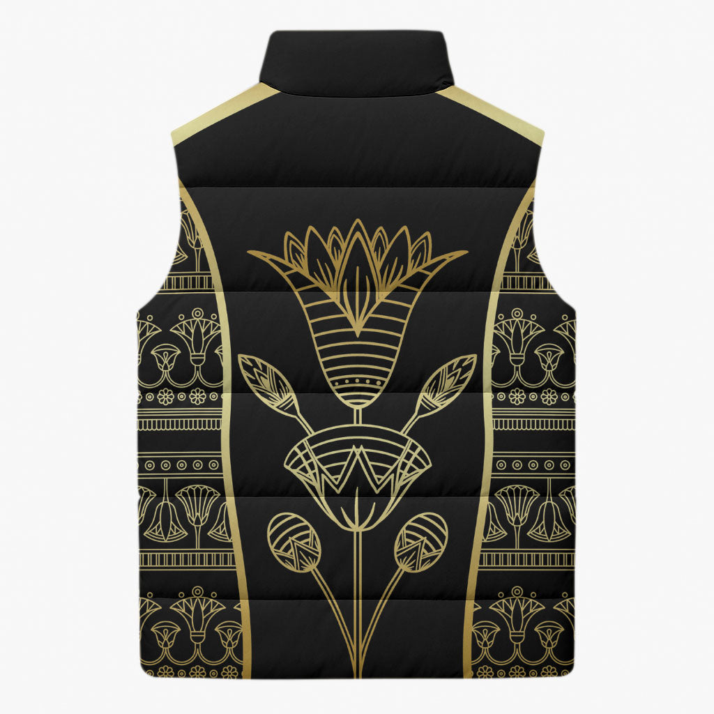 Egypt The Lotus Sleeveless Puffer Jacket Gold Bloom Hieroglyphic Patterns