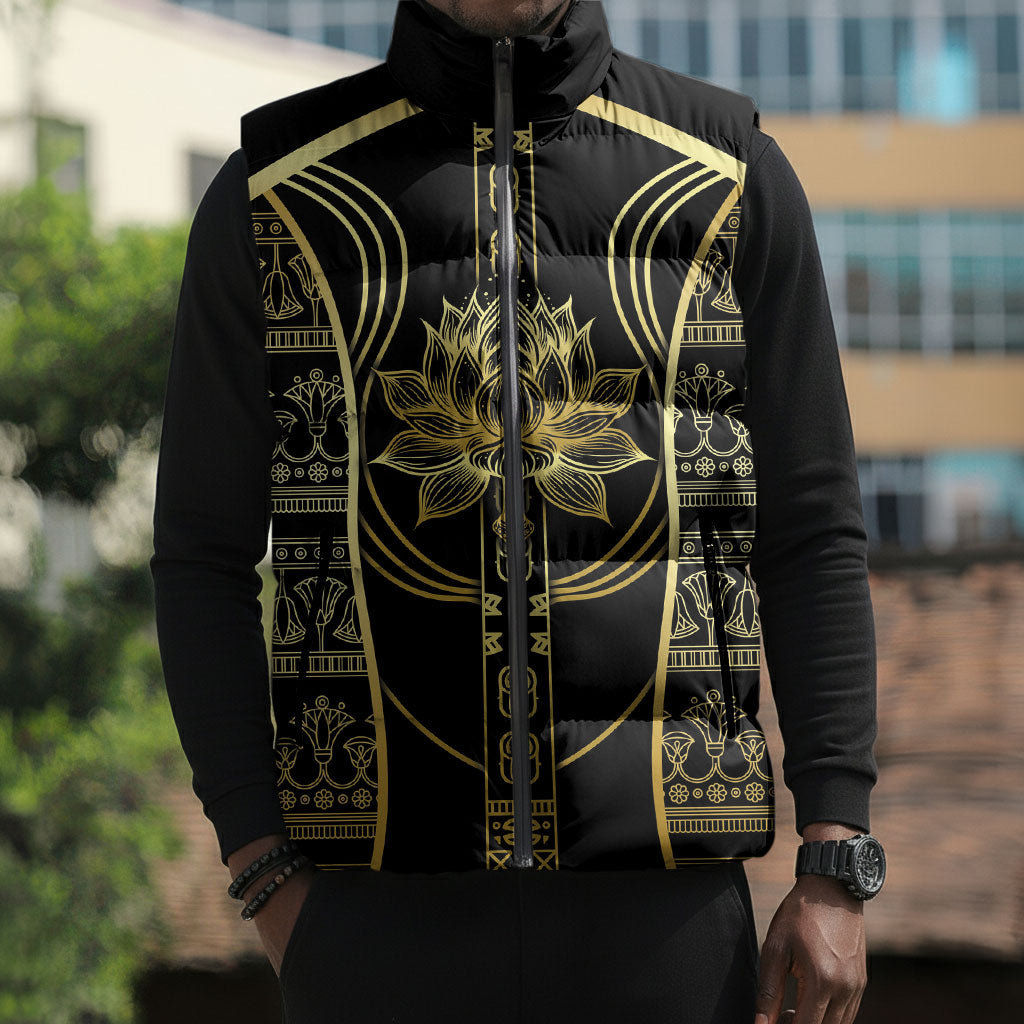 Egypt The Lotus Sleeveless Puffer Jacket Gold Bloom Hieroglyphic Patterns