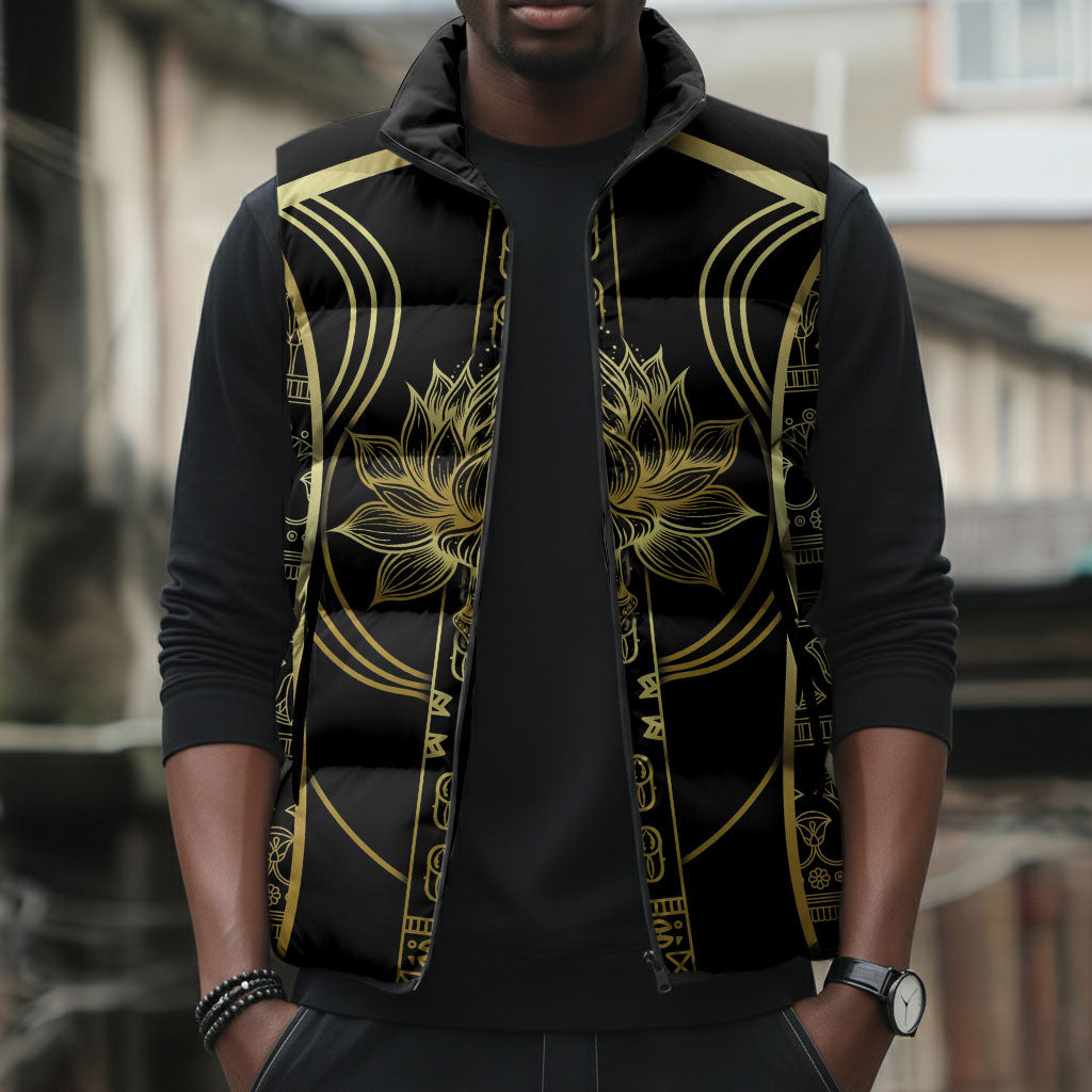 Egypt The Lotus Sleeveless Puffer Jacket Gold Bloom Hieroglyphic Patterns