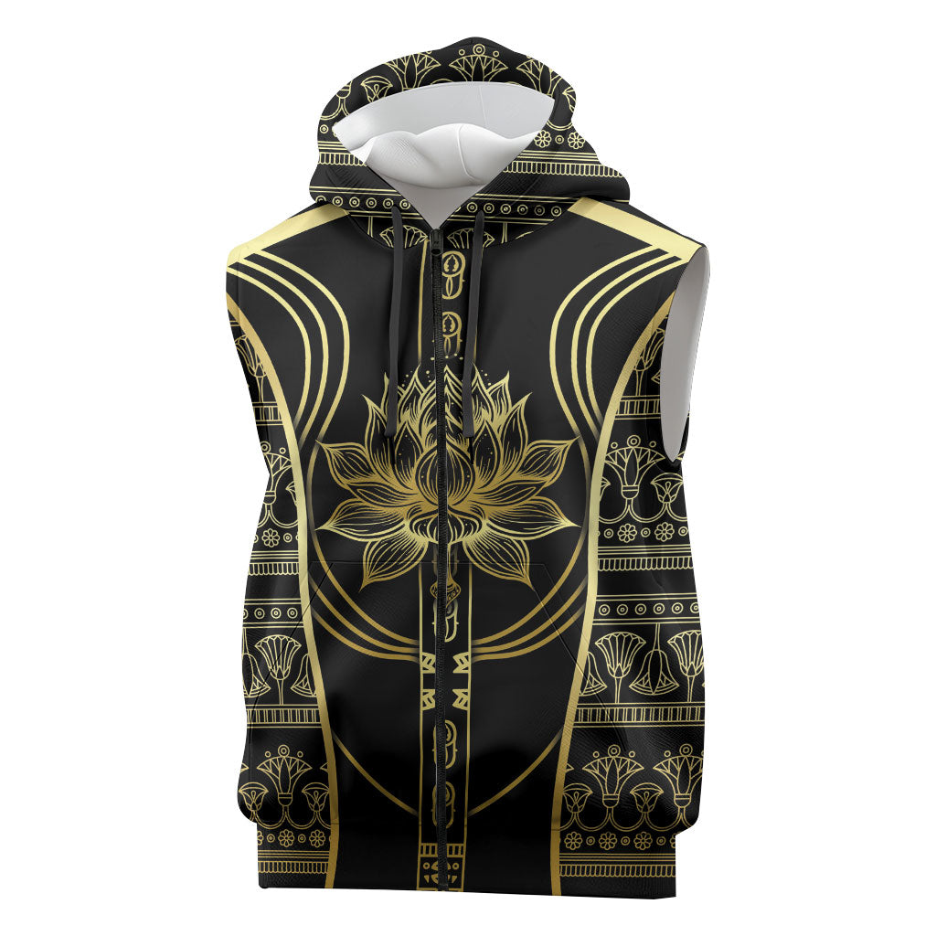 Egypt The Lotus Sleeveless Zip Hoodie Gold Bloom Hieroglyphic Patterns