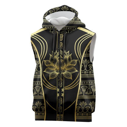 Egypt The Lotus Sleeveless Zip Hoodie Gold Bloom Hieroglyphic Patterns