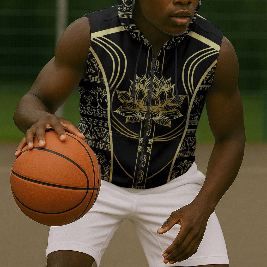 Egypt The Lotus Sleeveless Zip Hoodie Gold Bloom Hieroglyphic Patterns