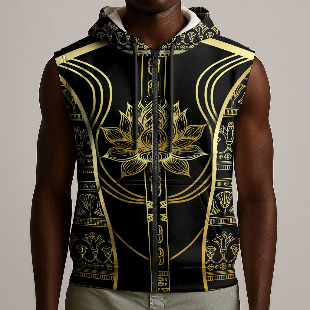 Egypt The Lotus Sleeveless Zip Hoodie Gold Bloom Hieroglyphic Patterns