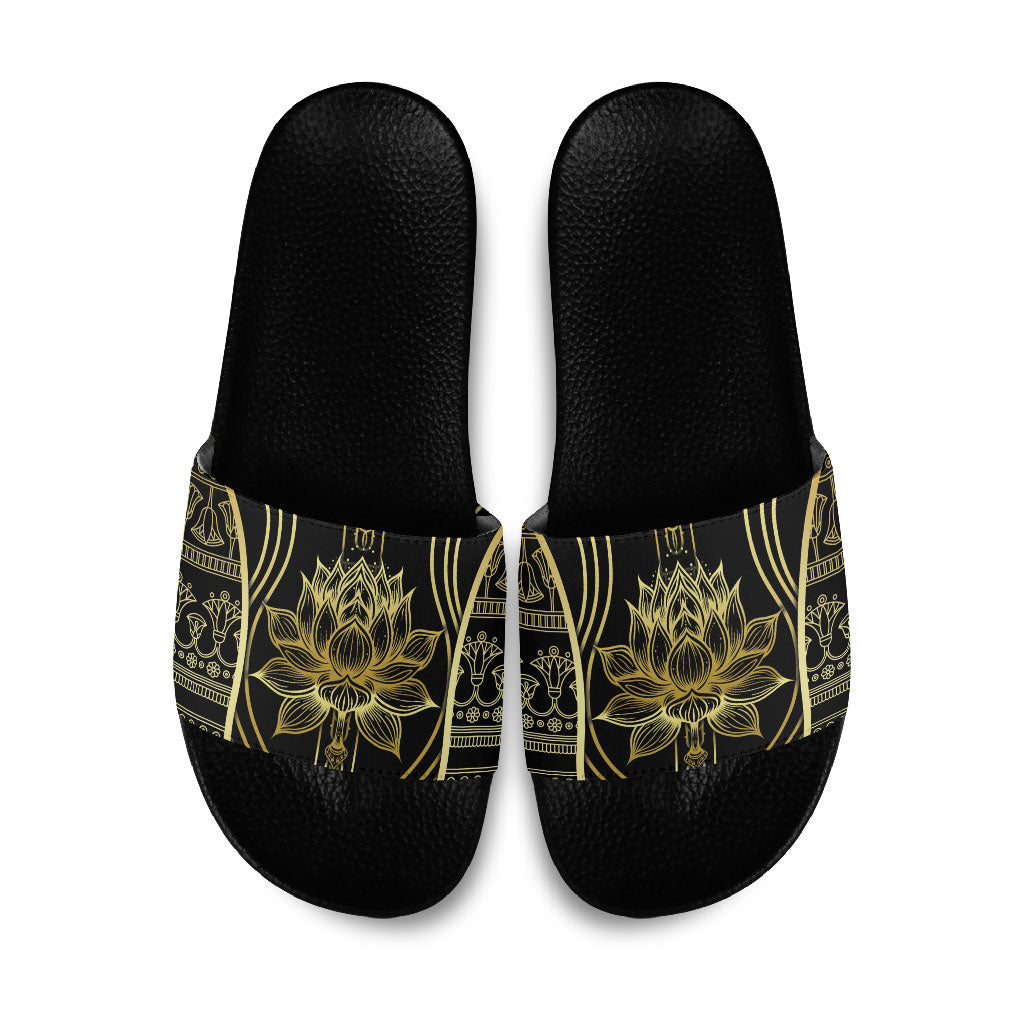 Egypt The Lotus Slide Sandals Gold Bloom Hieroglyphic Patterns